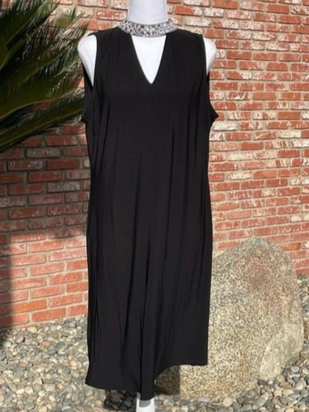 LORI M Collection Rhinestone Mock Neck Peep Hole V Neck Dress- Large- NWOT